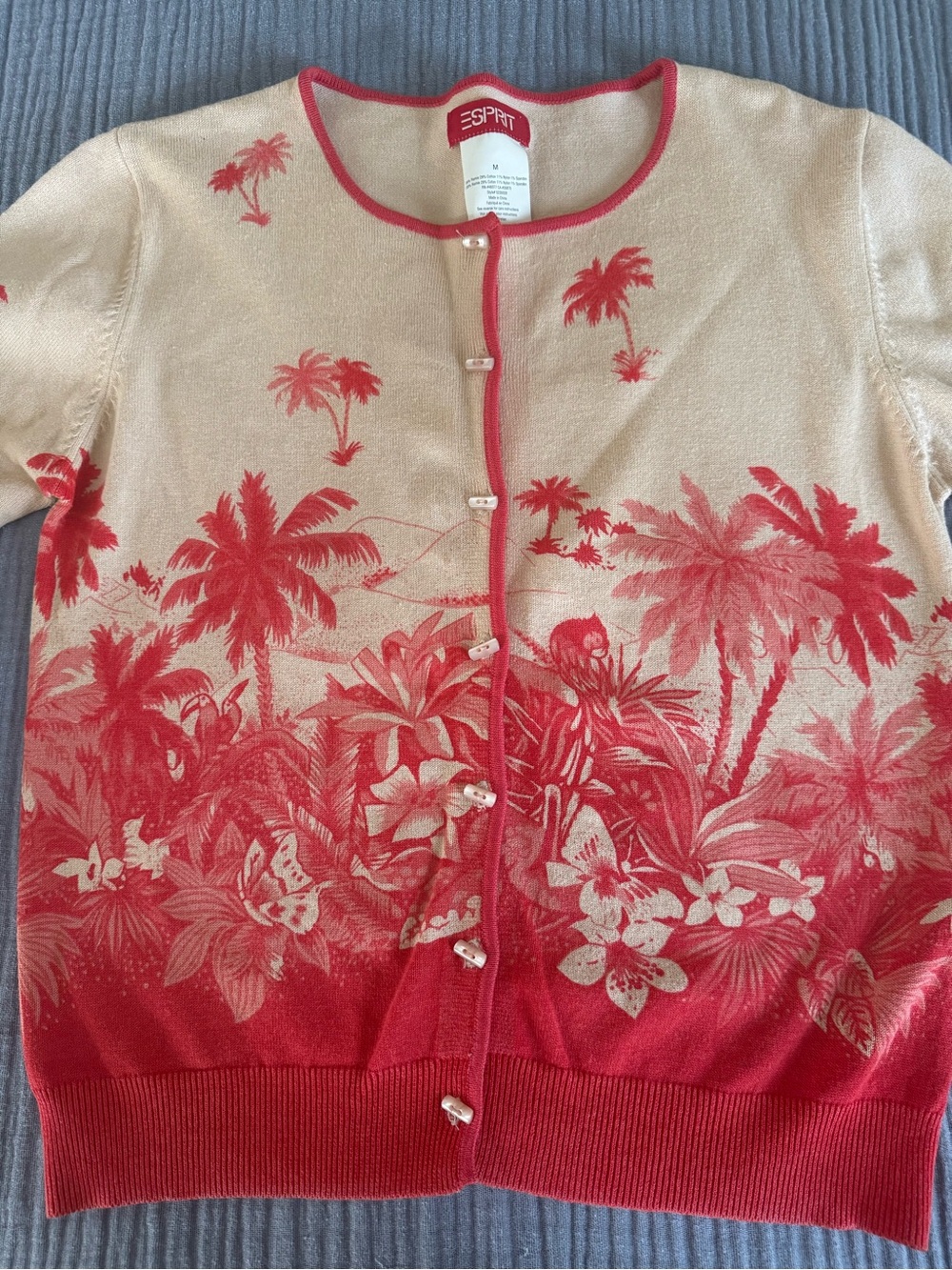 Rare Vintage Esprit 90s Y2K Tropical Scenic Cardigan Ramie Cotton M - Picture 4 of 8